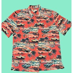 Ford Mustang Hawaiian Button-Up Shirt "shrimp orangie" colored  Palm Tree & Car